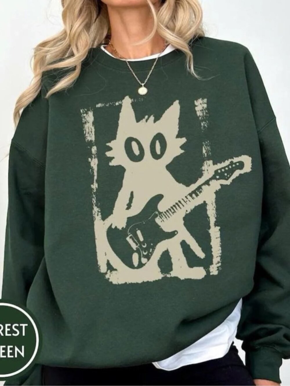 Cat Guitar Graphic Sweatshirt Vintage Grunge Style Dark Green Unisex Crewneck